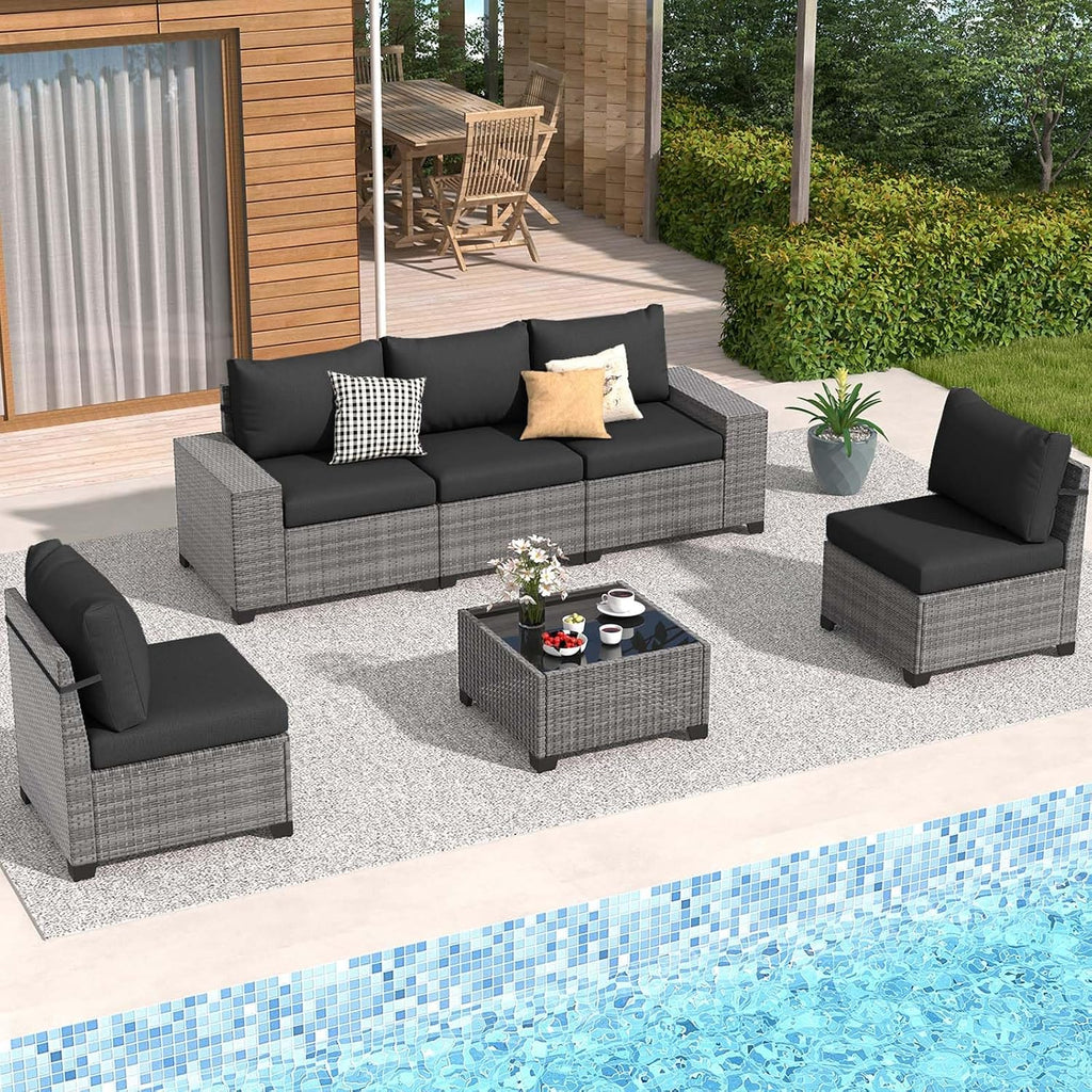JOIVI 6 Pieces Outdoor Patio Furniture Set, Rattan Patio Conversation Set with Coffee Table, L-Shaped Wicker Outdoor Sectional Sofa Set with Wide Armrest and Cushions for Garden, Deck, Porch, Black
