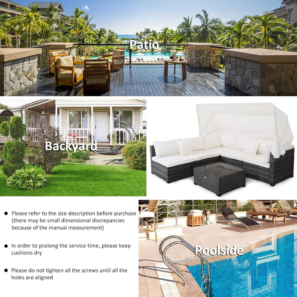 Tangkula 6-Piece Patio Furniture Set w/Retractable Canopy, Outdoor Conversation Set w/3-Seat Daybed Sofa, Soft Cushions and Tempered Glass Coffee Table, All-Weather PE Rattan Sectional Sofa Set