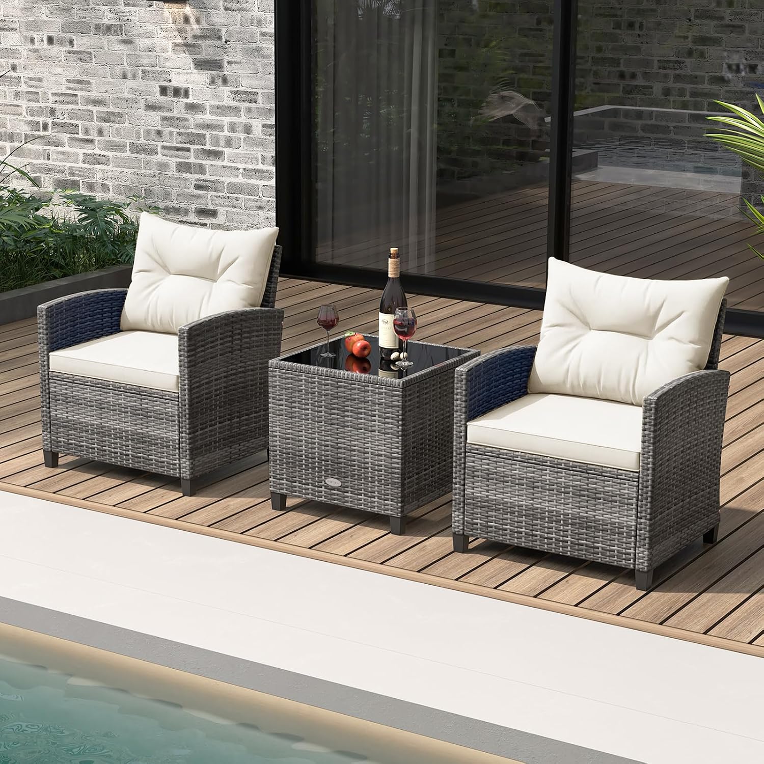 KOTEK 3 Piece Patio Furniture Set, Outdoor PE Rattan Conversation Set with Washable Cushions & Tempered Glass Tabletop, Wicker Chairs and Table Set for Porch, Garden, Balcony (White)