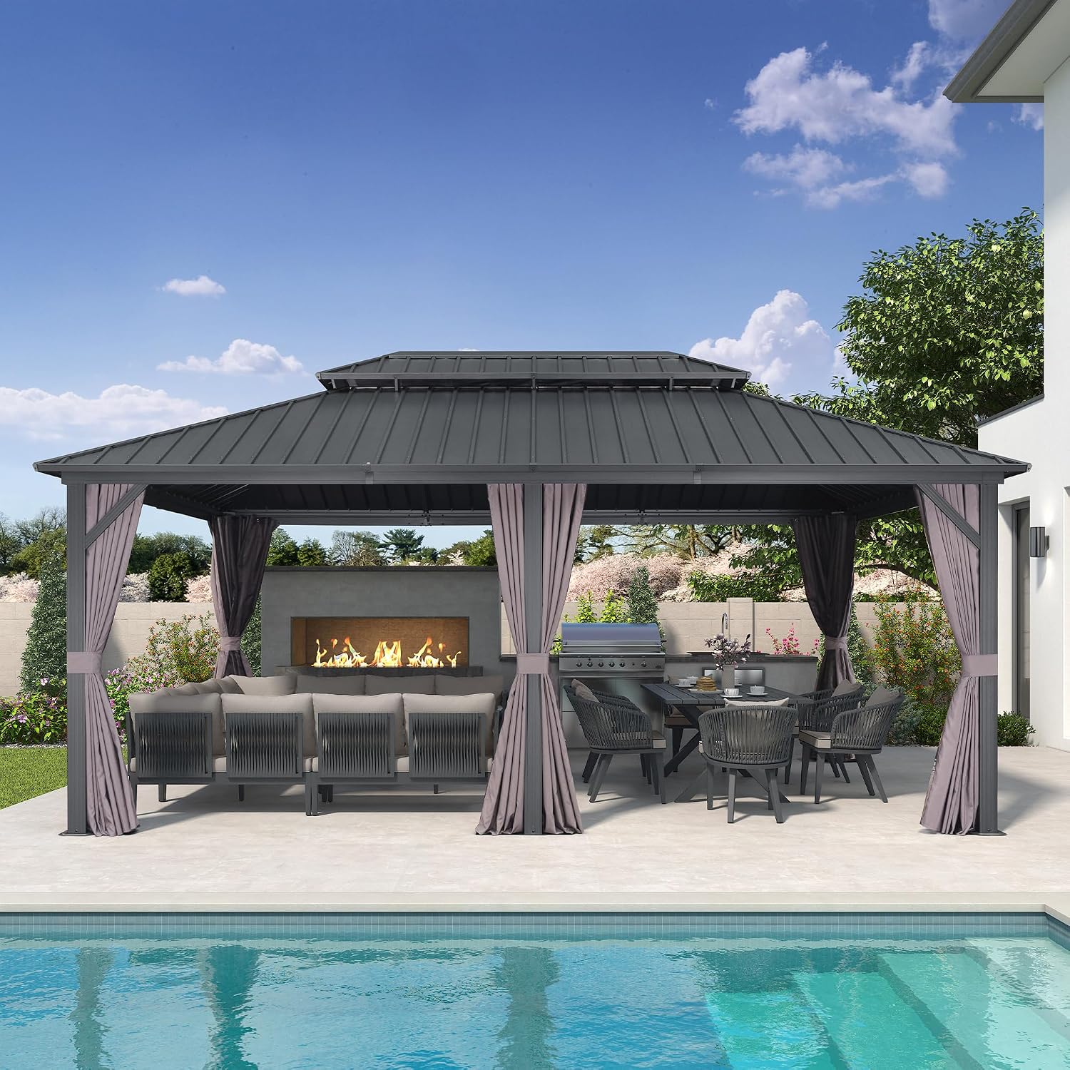 PURPLE LEAF 12' X 18' Patio Hardtop Gazebo Outdoor Pavilion Gazebo with Galvanized Steel Double Roof for Patio Lawn Garden Aluminum with Curtains Grey