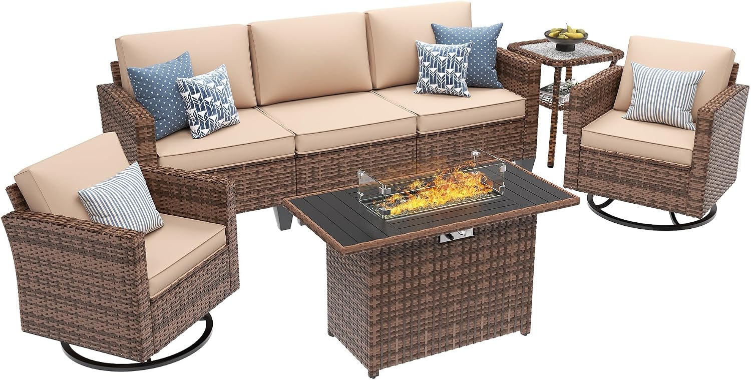 UDPATIO Patio Furniture Set with Fire Pit Table and Swivel Rocking Chairs, 5 Pieces Outdoor Wicker Furniture Set with Waterproof Cover, 4'' Thickened Cushion, Khaki