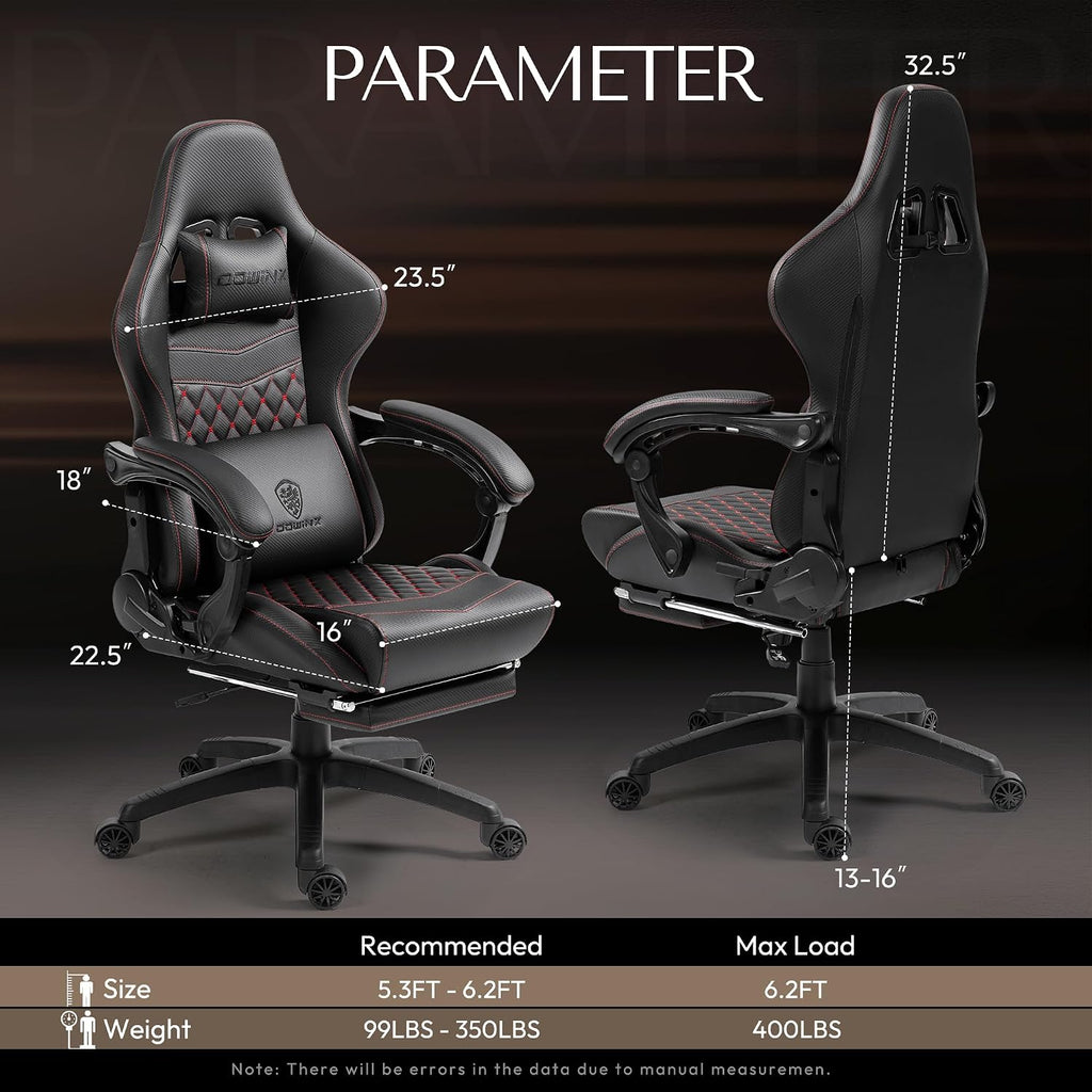 Dowinx Gaming Chair Big and Tall, Ergonomic PC Gaming Chair with Footrest & Massage, Racing Style Reclining Computer Chair for Adults, 400LBS Capacity - Heavy Duty Gamer Chair (Black)
