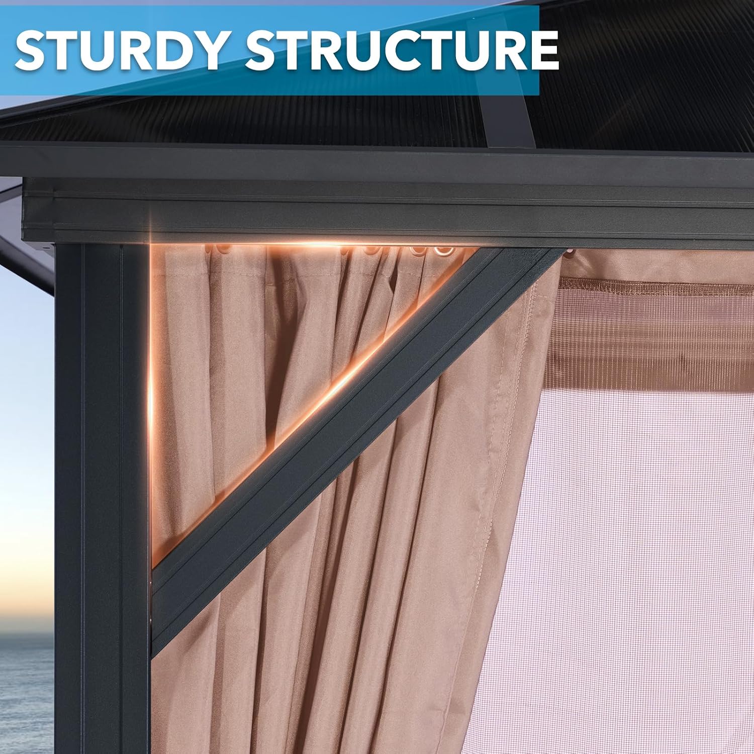 LeDoasis 10' X 13' Permanent Hardtop Gazebo, Outdoor Polycarbonate Double Roof Canopy with Breathable Netting & Privacy Curtain for Patio Backyard Garden Lawn Party