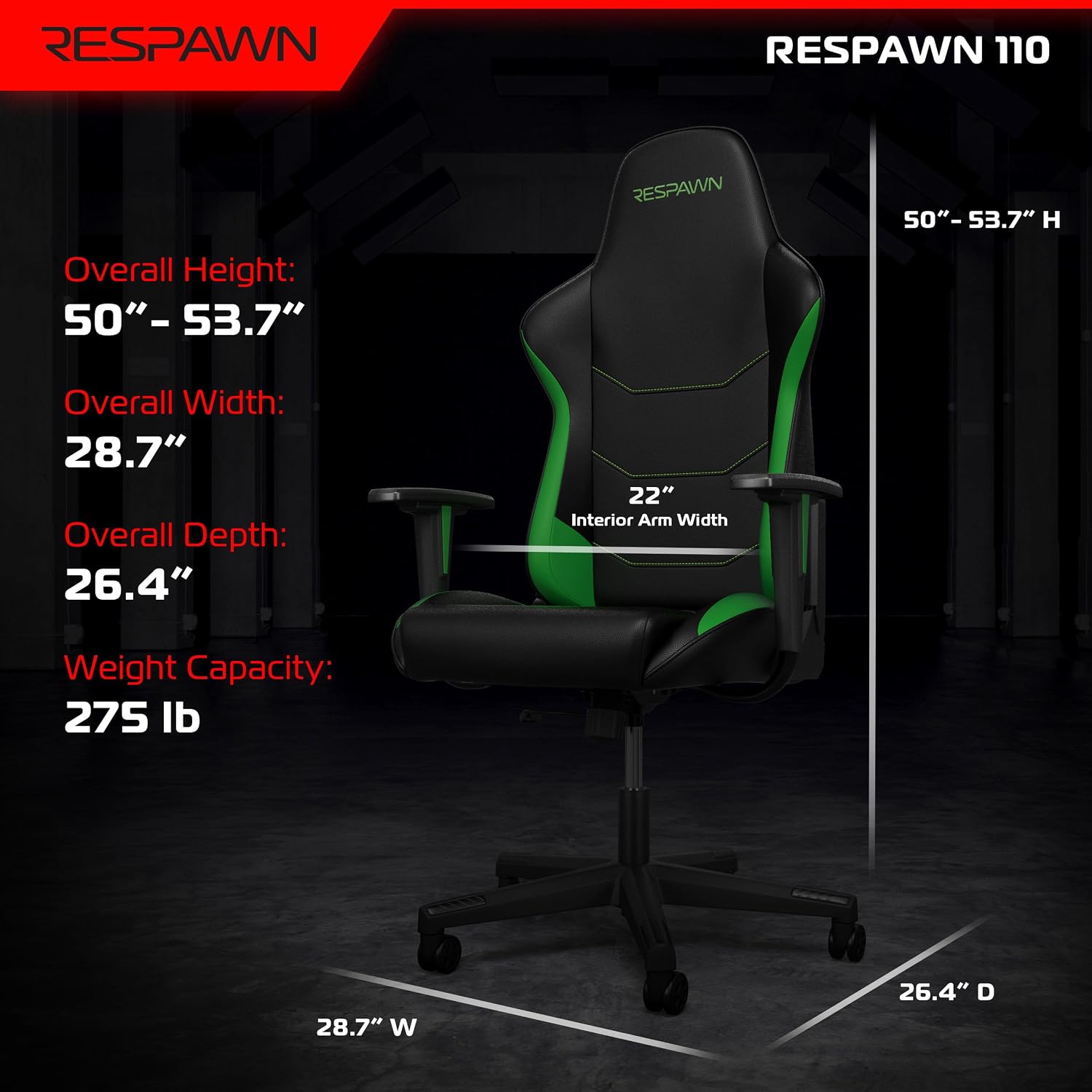Respawn 110 Ergonomic Gaming Chair - Reclining Office Video Game Swivel Chair with Lumbar Support, Headrest, Heavy Duty, High Back, Racing Style Gaming Recliner Seat for Computer Gamer - Green