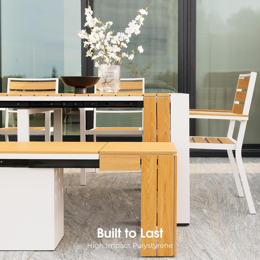 Transformer Table - Extendable Outdoor Dining Set up to 12, Expandable Patio Table, Weather-Resistant Patio Furniture, Light Oak, Natural (Table + Bench + 4 Chairs + Umbrella)
