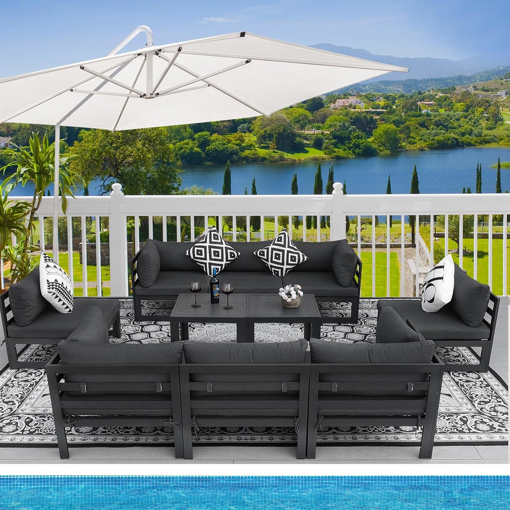 RADIATA 10 Piece Modern Aluminum Outdoor Patio Furniture Set, 29' Wide Deep Seating, Fade Water Resistant U Shaped Modular Sectional Couch, Large Comfy Conversation Set for Backyard Garden, Dark Gray