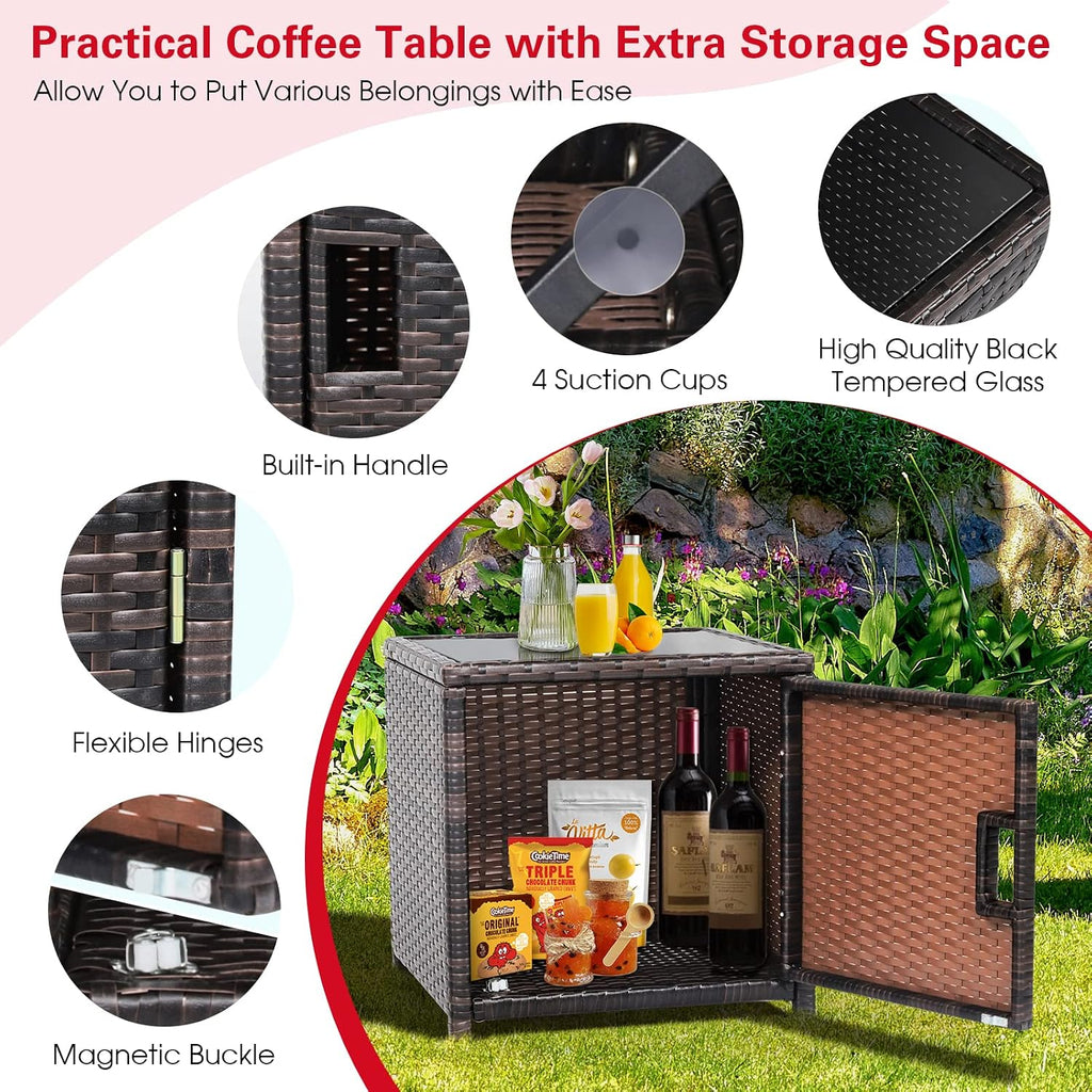 Tangkula 3 Pieces Outdoor Wicker Conversation Set with Waterproof Cover, 2 Patio PE Rattan Cushioned Chairs with Side Storage Table, Suitable for Front Porch, Balcony, Garden, Poolside and Yard (Red)
