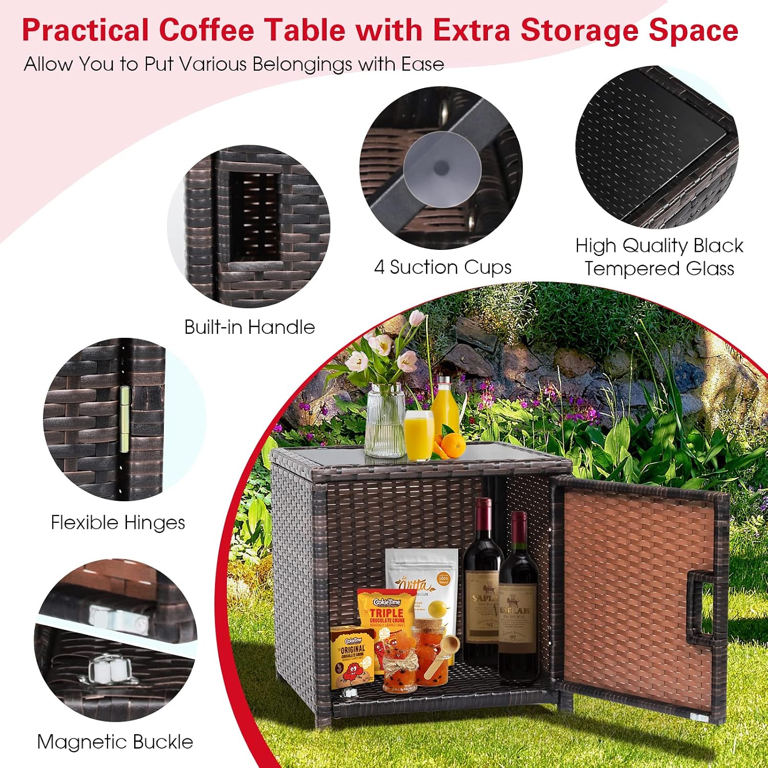 Tangkula 3 Pieces Outdoor Wicker Conversation Set with Waterproof Cover, 2 Patio PE Rattan Cushioned Chairs with Side Storage Table, Suitable for Front Porch, Balcony, Garden, Poolside and Yard (Red)