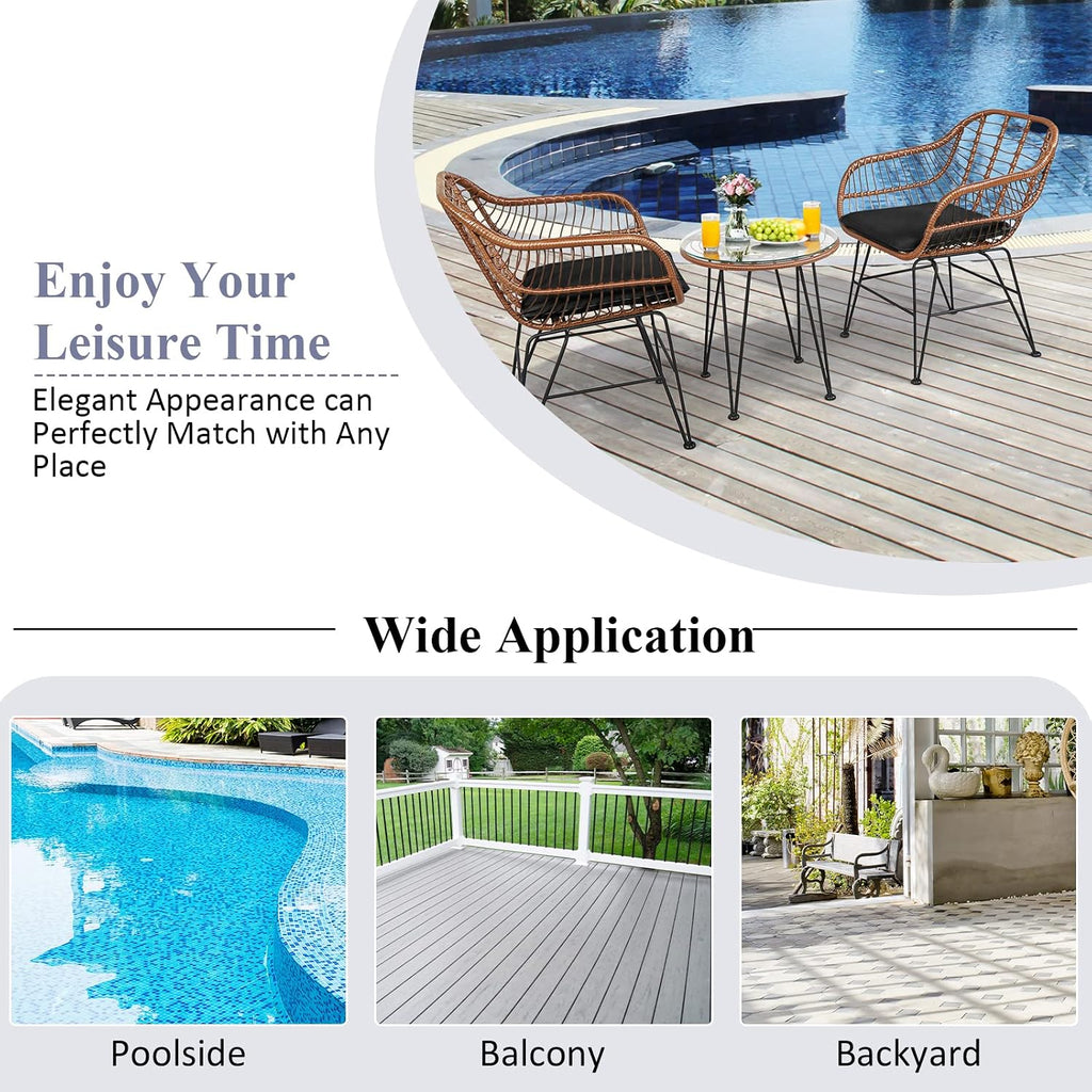Tangkula 3 Pieces Patio Conversation Bistro Set, Outdoor Wicker Furniture w/Round Tempered Glass Top Table & 2 Rattan Armchairs, Bistro Chat Set w/Seat Cushions for Porch, Backyard, Garden
