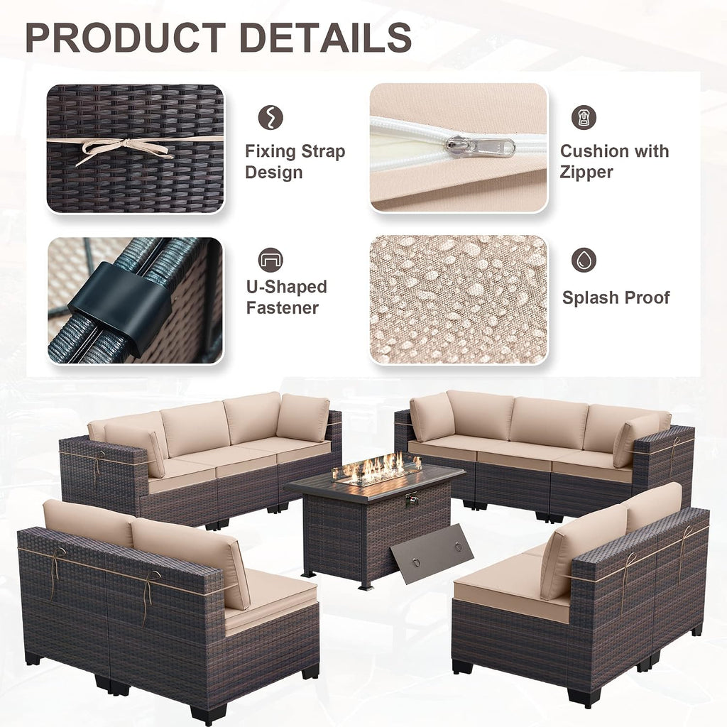 Kurapika 11 Pieces Patio Furniture Set, Rattan Wicker Outdoor Conversation Sets w/43in Propane Fire Pit Table and 4 Inch Cushion(Sand)