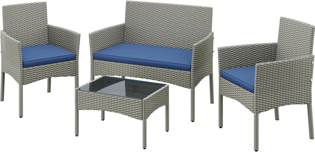 Yaheetech Patio Furniture Set 4 Pieces Conversation Sets, Rattan Chair Wicker Set Loveseat with Soft Cushion and Glass Table for Backyard Porch Garden Poolside Balcony, Gray and Dark Blue