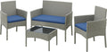 Yaheetech Patio Furniture Set 4 Pieces Conversation Sets, Rattan Chair Wicker Set Loveseat with Soft Cushion and Glass Table for Backyard Porch Garden Poolside Balcony, Gray and Dark Blue