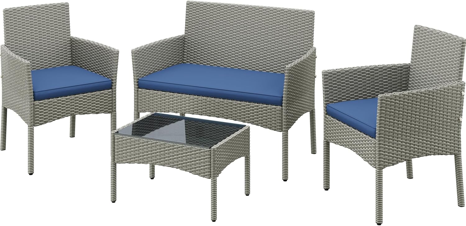 Yaheetech Patio Furniture Set 4 Pieces Conversation Sets, Rattan Chair Wicker Set Loveseat with Soft Cushion and Glass Table for Backyard Porch Garden Poolside Balcony, Gray and Dark Blue