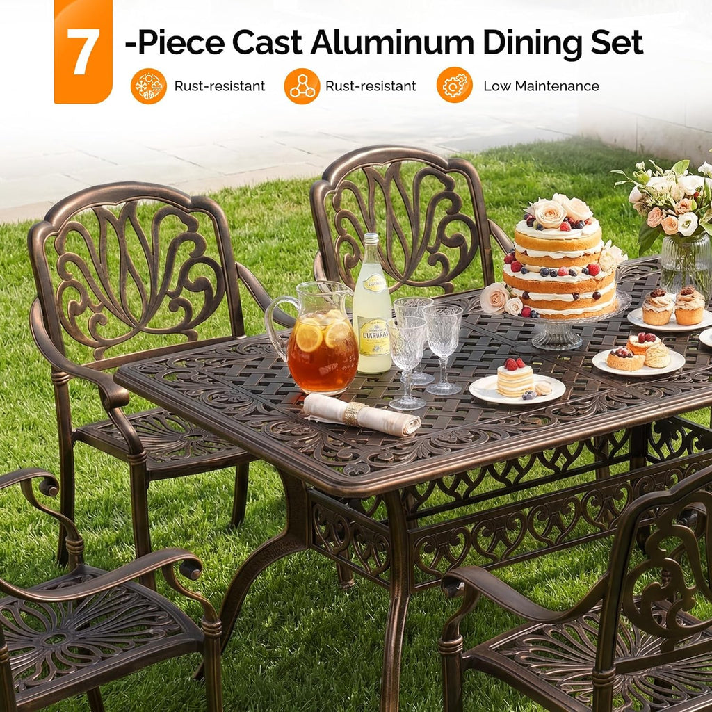 VINGLI 7-Piece Outdoor Dining Set, Cast Aluminum Patio Furniture Set for 6 with Umbrella Hole, Rectangular Outdoor Dining Table & 6 Stackable Chairs, All-Weather Garden/Poolside Dining Set Bronze