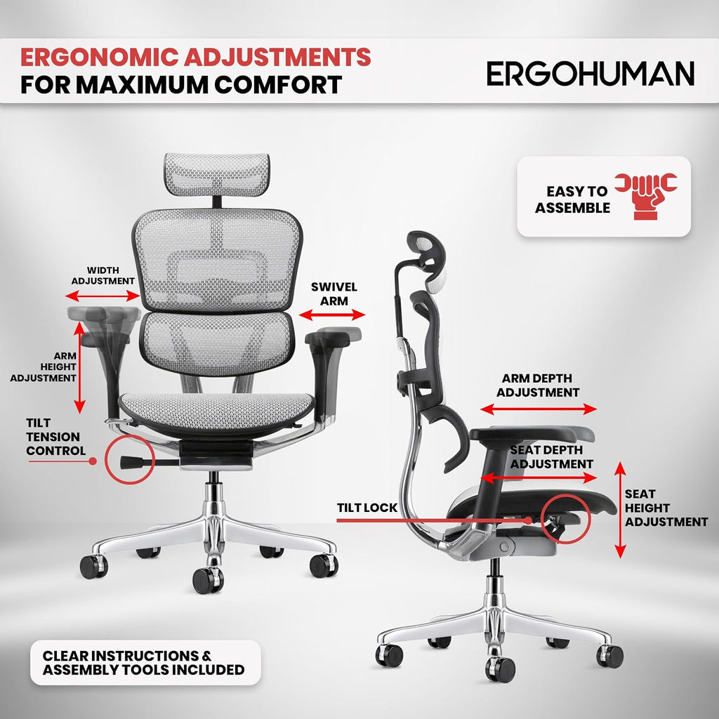 Ergohuman Eurotech ME7ERG GEN2 High Back Mesh Office Chair with Tilt Tension Control, Tilt Lock, Back Angle, Back Height, Synchro Tilt, Seat Height, Seat Depth, and Arm Height Adjustments, Grey