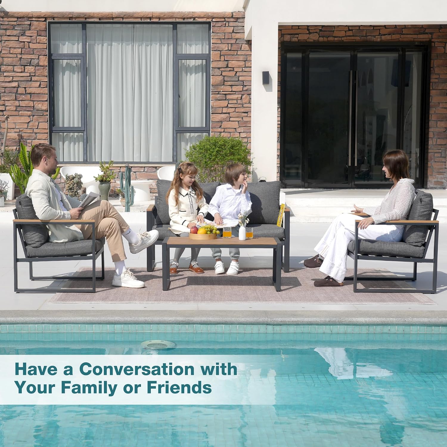Patio Furniture Set, 4 Pieces Outdoor Patio Furniture with Coffee Table Set, Metal Patio Conversation Sets with Washable and High-Resiliency Sponge Cushions,Upgarded Grey