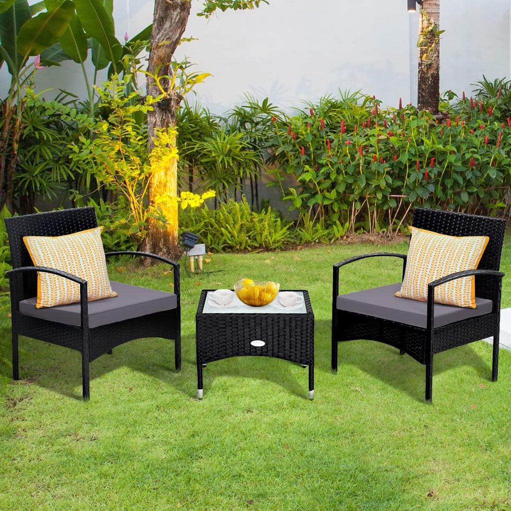 COSTWAY 3 PCS Patio Wicker Conversation Set, PE Rattan Sofa with Tempered Glass Coffee Table, 2 Chairs, 2 Cushions, Outdoor Patio Furniture Set for Yard Porch Bistro Balcony Backyard Pool, Grey