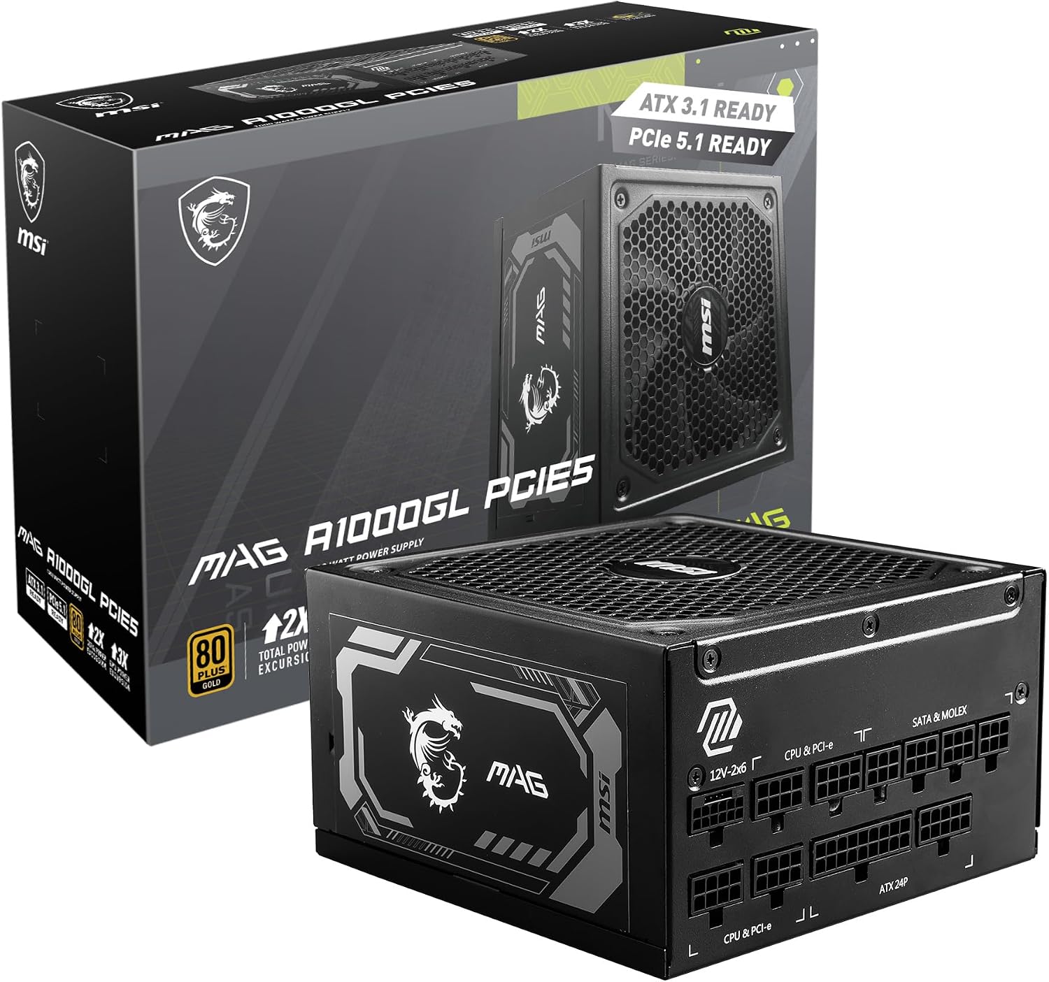 msi MAG A1000GL PCIE5, Fully Modular Compact Gaming 1000W Power Supply, 80+ Gold, ATX 3.1 & PCIe 5.1 Ready, Native Dual-Color 12V-2x6 Cable, 10 Year Warranty