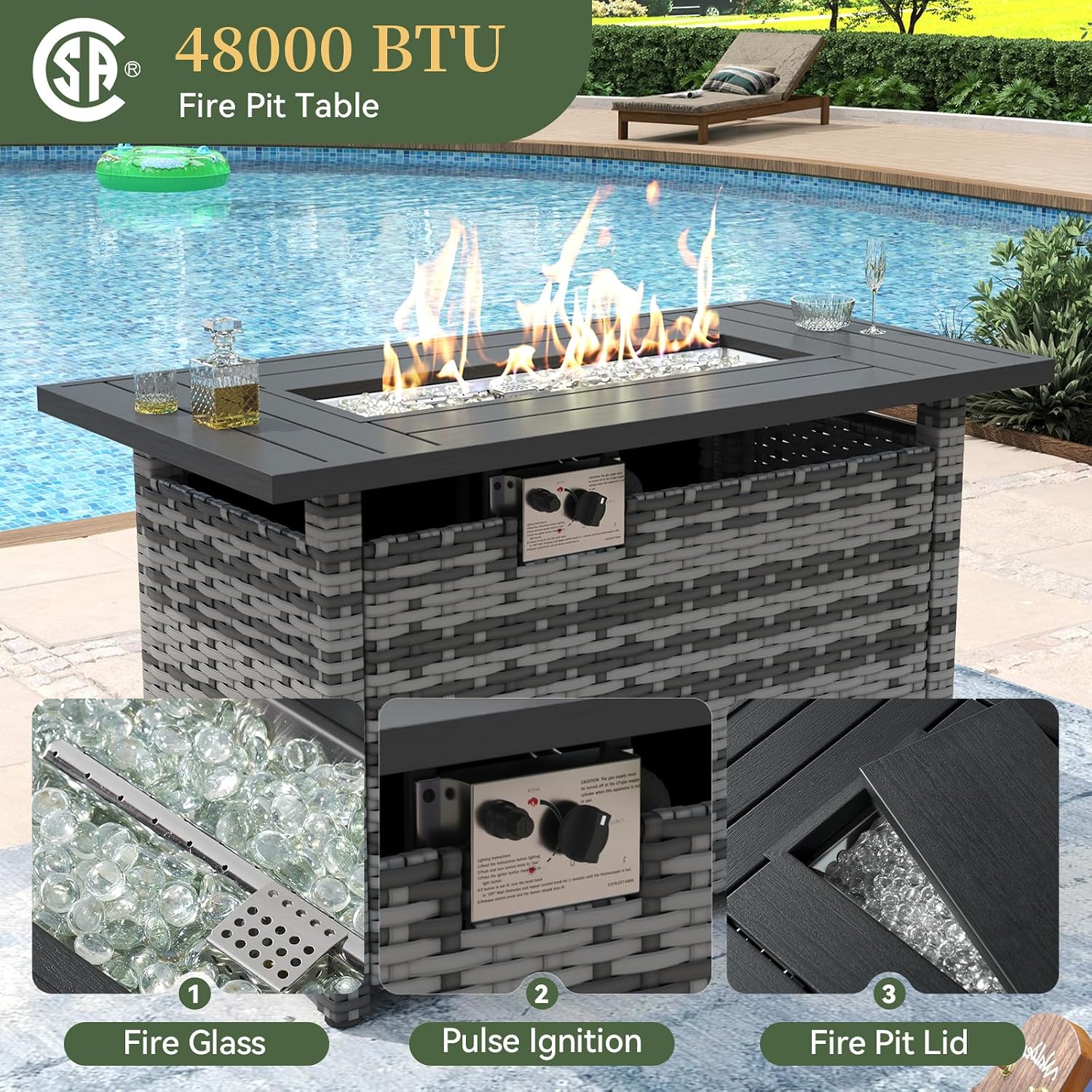 Aoxun 7 Piece Patio Furniture Set with Wide Armrests & 44' Fire Pit Table Wicker Rattan Outdoor Sectional Sofa Set with Coffee Table and Thickened Cushions, Gray/Blue(Waterproof Cover Included)