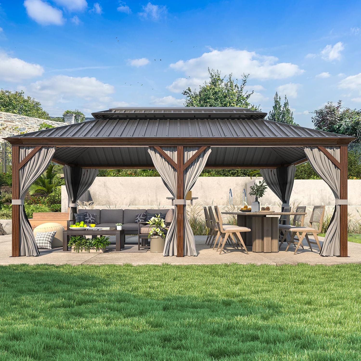 EROMMY 12'x20' Hardtop Gazebo, Galvanized Steel Double Roof with Wood Grain Aluminum Frame, Outdoor Permanent Metal Pavilion with Curtains and Nettings for Patio, Garden and Backyard