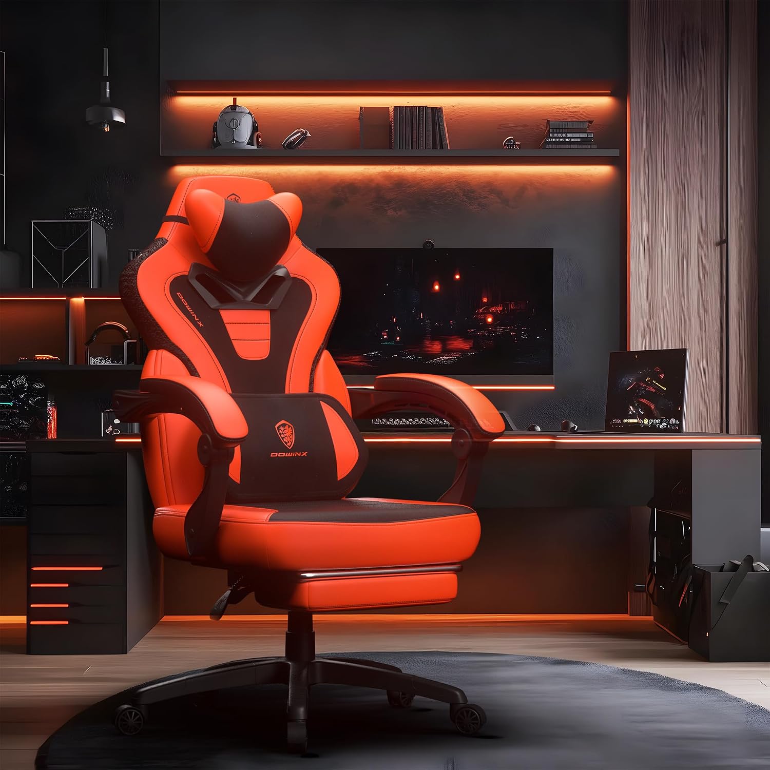 Dowinx Gaming Chair with Footrest,Big and Tall Game Chair for Heavy People, Gamer Chair with Massage Lumbar Support,Ergonomic Computer Gaming Chair for Adults, Red