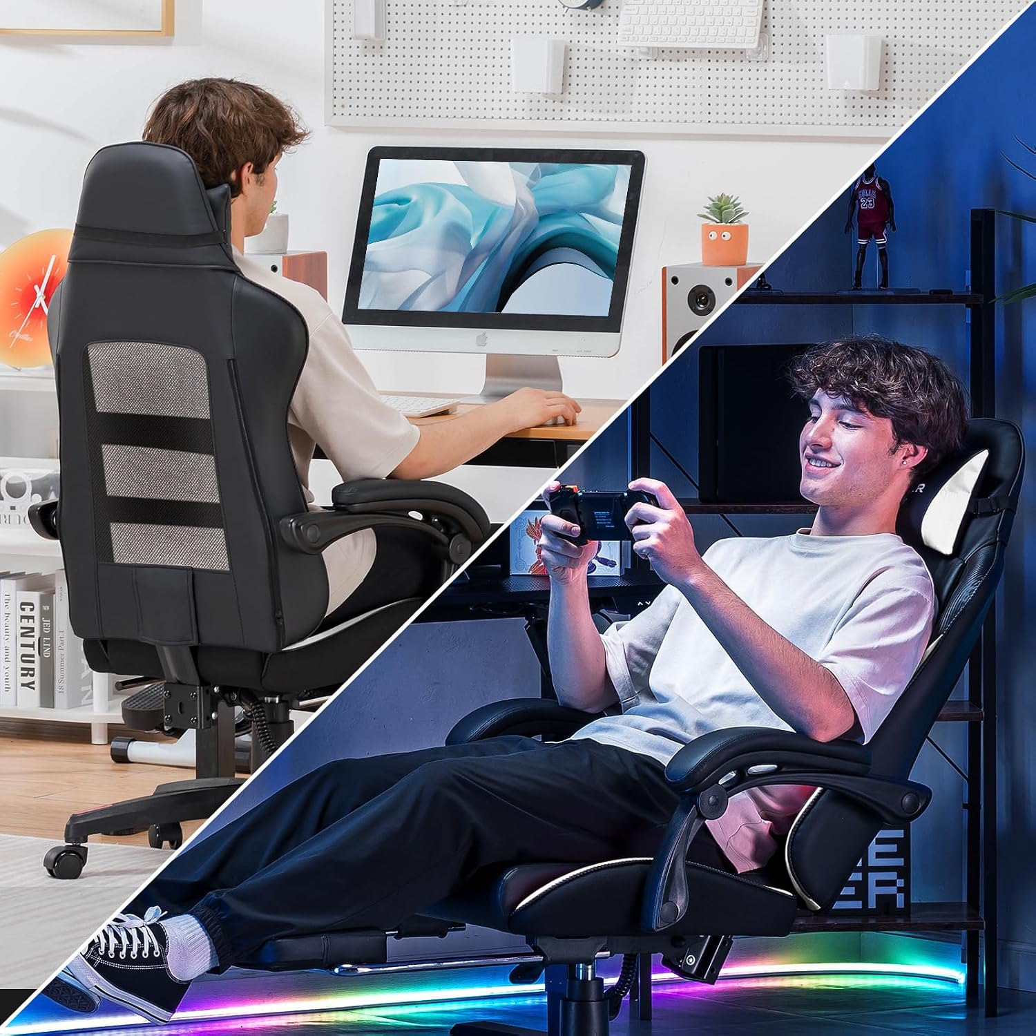 GTPLAYER Gaming Chair, High Back Leather Computer Gaming Chair with Footrest, Ergonomic Height Adjustable Office Chair with Removable Cover and Lumbar Support for Gaming and Work (White)