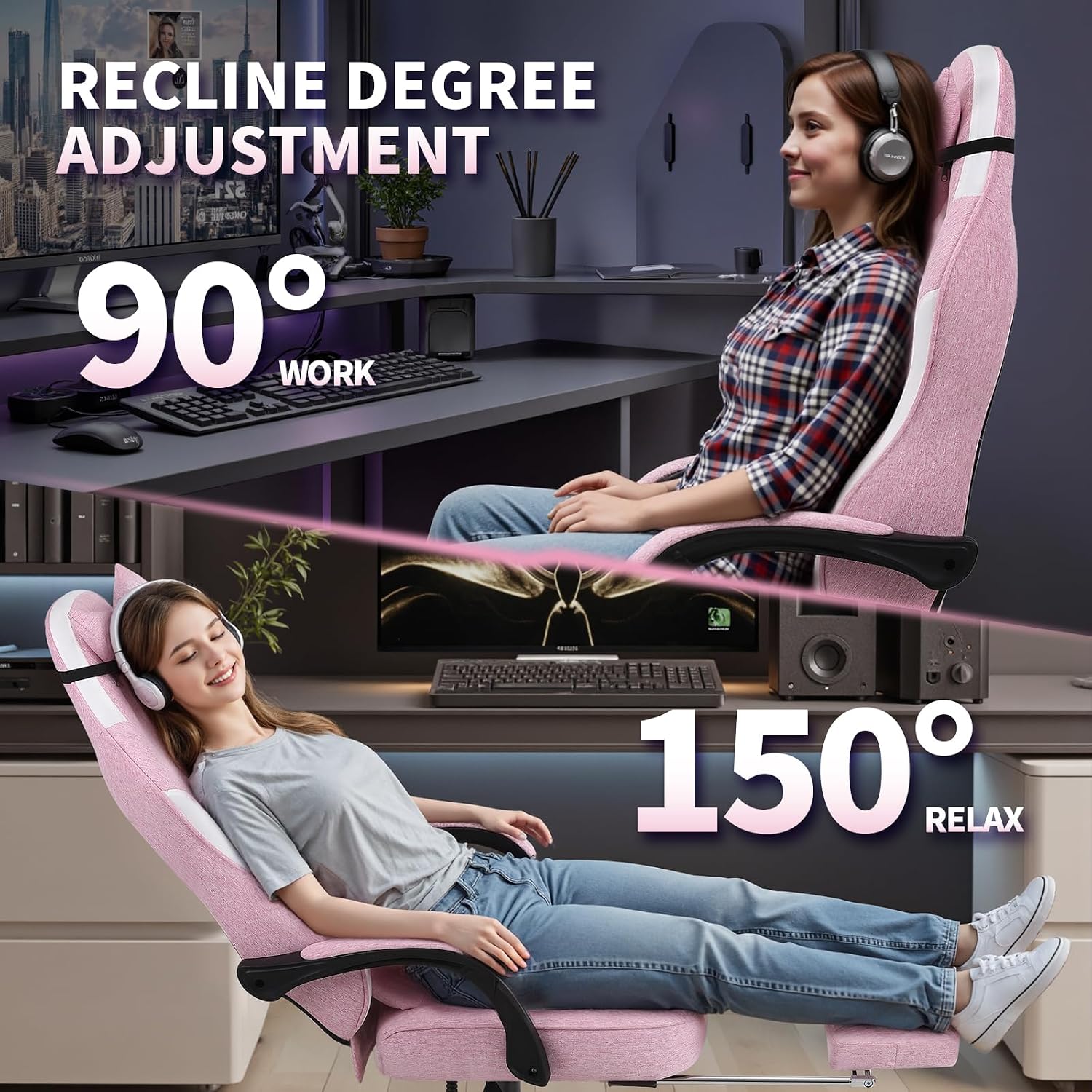 Gaming Chair Fabric, Ergonomic Computer Chair with Footrest, Video Gamer Chair with Pocket Spring Cushion,Linkage Armrests and Headrest Lumbar Support,Swivel Height Adjustable Office Chair for Adults