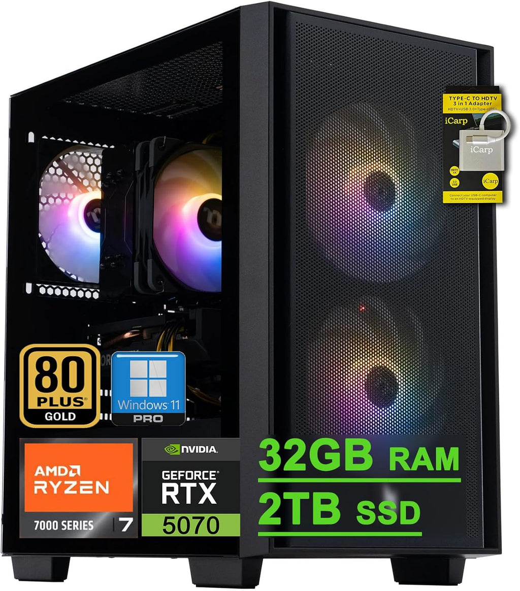 acer Nitro 60 Gaming Desktop Computer AMD Octa-core Ryzen 7 7700 (>i9-13900H) 32GB DDR5 2TB SSD GeForce RTX 5070 12GB GDDR7 DLSS4 (Up to 988 AI Tops) 850W 80+ Gold PSU Type-C Win11Pro ICP Hub