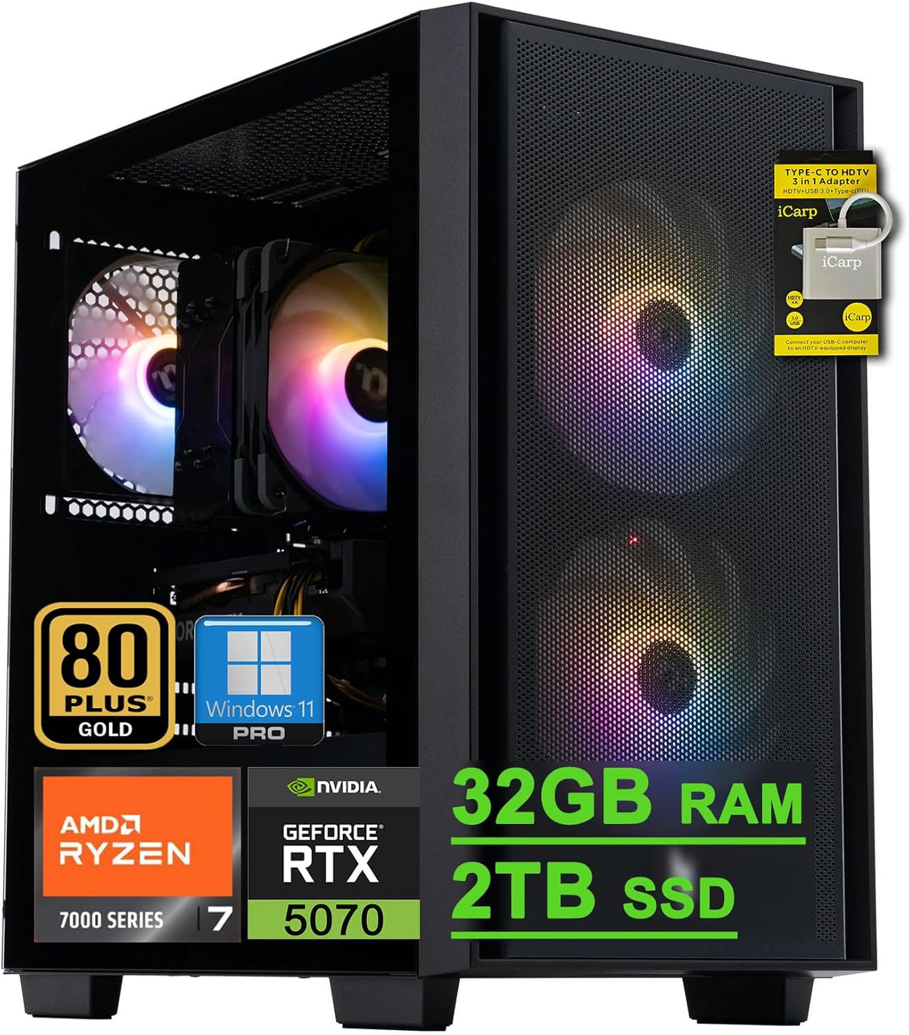 acer Nitro 60 Gaming Desktop Computer AMD Octa-core Ryzen 7 7700 (>i9-13900H) 32GB DDR5 2TB SSD GeForce RTX 5070 12GB GDDR7 DLSS4 (Up to 988 AI Tops) 850W 80+ Gold PSU Type-C Win11Pro ICP Hub