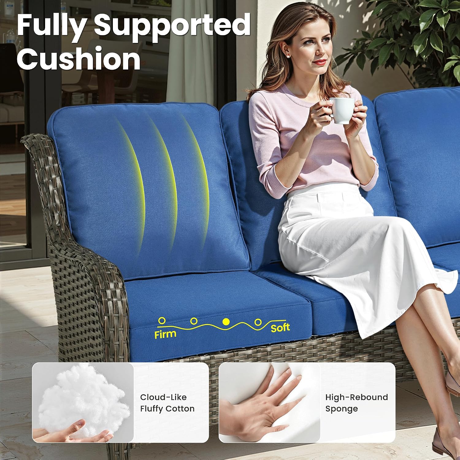 ovios 7 Pieces Patio Furniture Set with 42 inch Fire Pit Table, Outdoor Wicker Sofa Couch Swivel Rocking Glider Chairs, Modern Luxury Conversation Set, Brown Wicker, Navy Blue