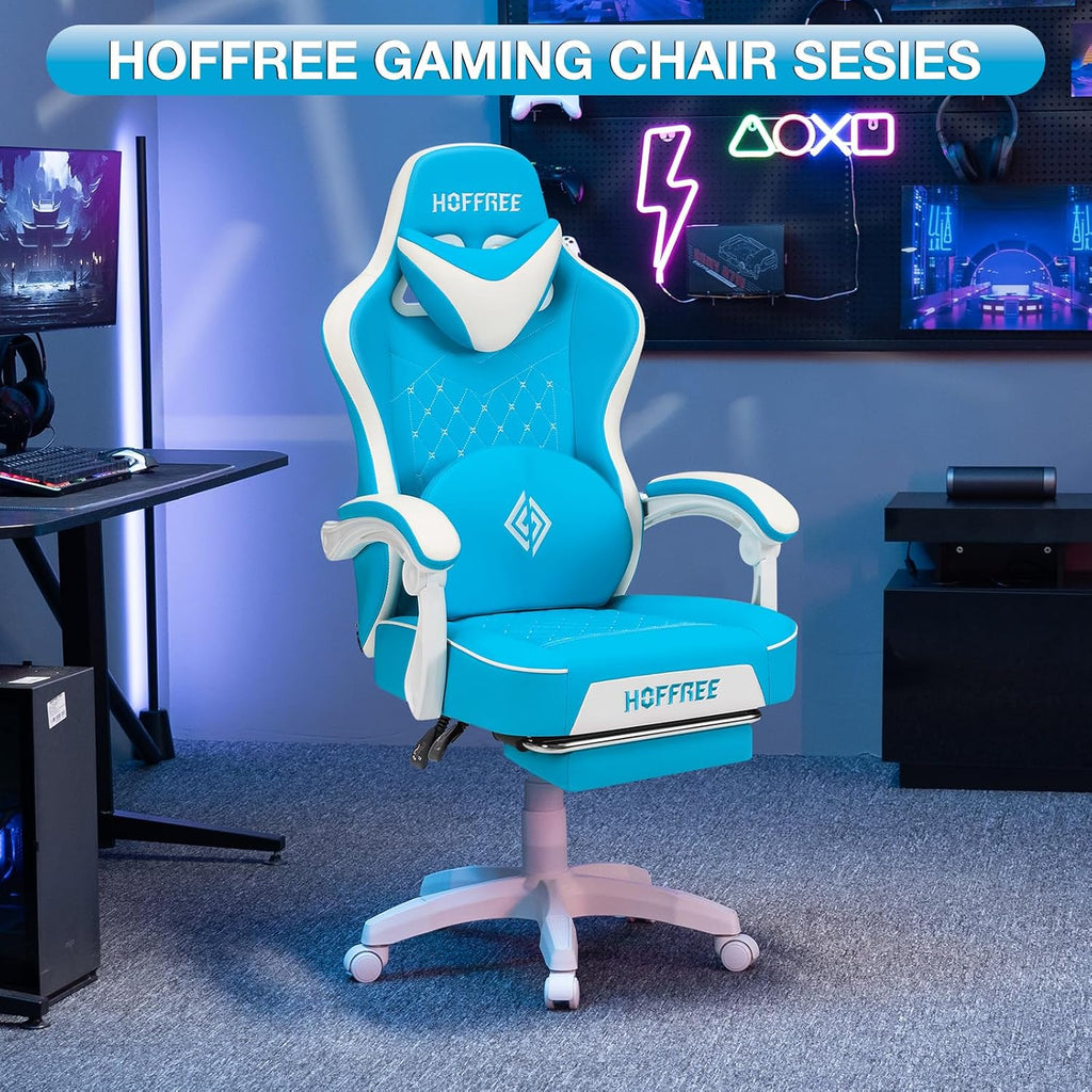 HOFFREE Gaming Chair Computer Chair with Speakers Massage Game Chairs with Footrest Bluetooth High Back Ergonomic Computer Gaming Chairs for Adults Reclining Video Gamer Chair Sky Blue and White
