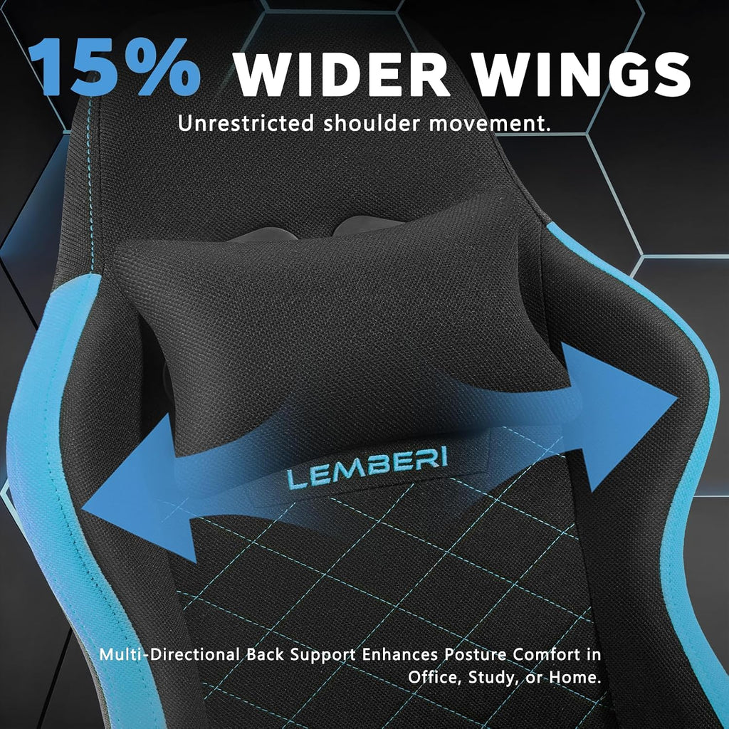 LEMBERI Gaming Chair, Fabric Big and Tall Video Game Chairs with Footrest, Massage Lumbar Support, Racing Style Ergonomic Computer Gamer Chair with Adjustable Headrest (Blue)