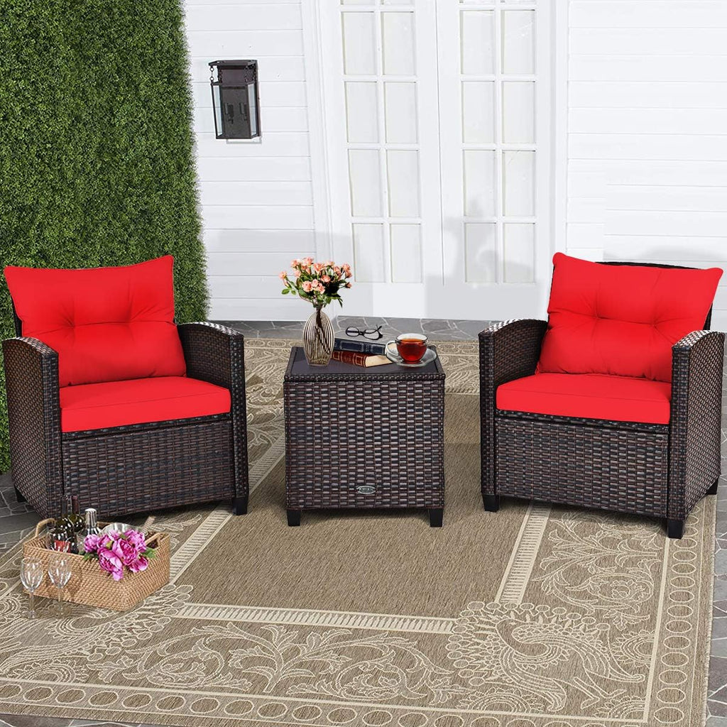 RELAX4LIFE 3 Piece Patio Furniture Set, Wicker Bistro Conversation Set w/ 2 Cushioned Armchairs & Glass Topped Table, Outdoor Rattan Sofa Set Patio Furniture for Porch Balcony Poolside (Red)
