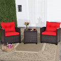 RELAX4LIFE 3 Piece Patio Furniture Set, Wicker Bistro Conversation Set w/ 2 Cushioned Armchairs & Glass Topped Table, Outdoor Rattan Sofa Set Patio Furniture for Porch Balcony Poolside (Red)