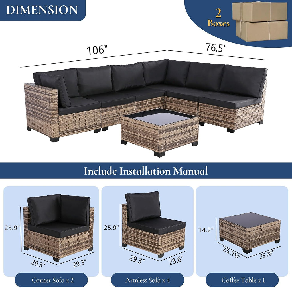 FHFO 7 Piece Outdoor Wicker Patio Furniture Set, Rattan Sectional Sofa Couch, Patio Conversation Set with Cushion & Coffee Table, for Backyard Poolside Porch Garden, Yellow-Black