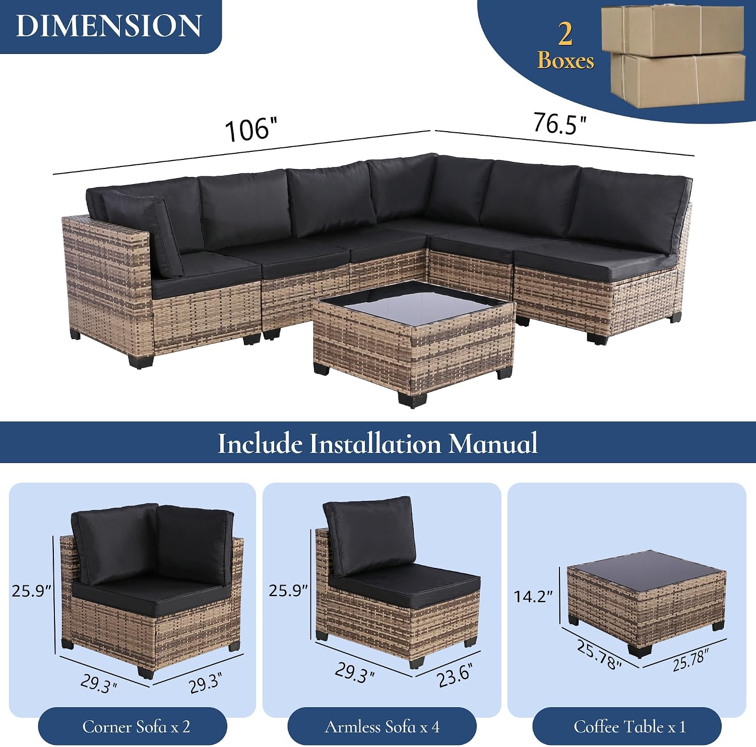FHFO 7 Piece Outdoor Wicker Patio Furniture Set, Rattan Sectional Sofa Couch, Patio Conversation Set with Cushion & Coffee Table, for Backyard Poolside Porch Garden, Yellow-Black