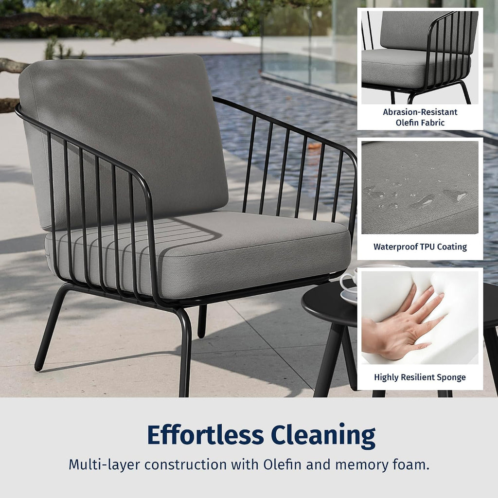 East Oak 3-Piece Plaza Patio Furniture Set, Outdoor Furniture with Thick Cushion Sofa and Coffee Table, Outdoor Bistro Set for 2, Modern Patio Conversation Set for Balcony, Black & Grey