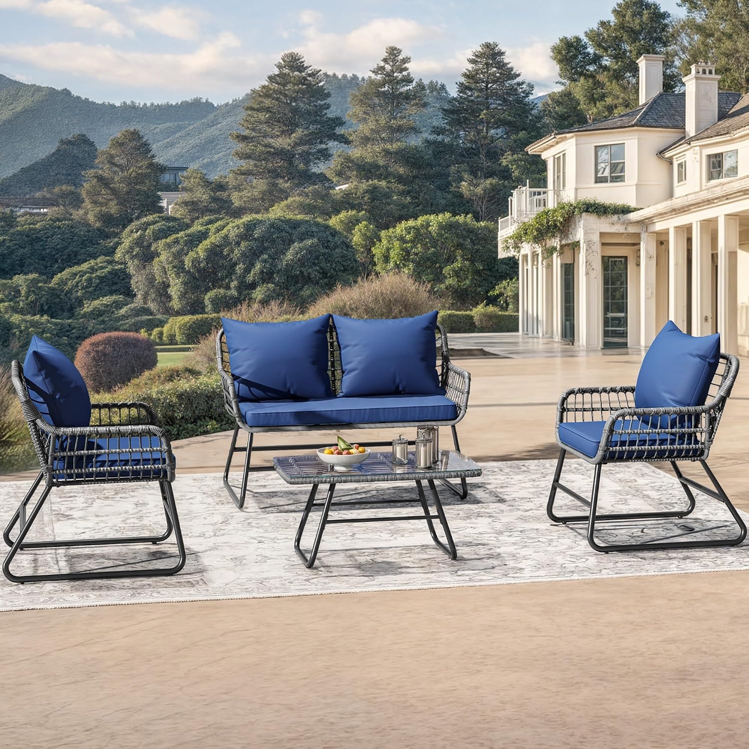 YITAHOME 4-Piece Patio Furniture Set, Wicker Outdoor Bistro Set, All Weather Rattan Patio Conversation Set with Soft Cushions and Glass Side Table for Backyard, Balcony, Deck - Navy Blue