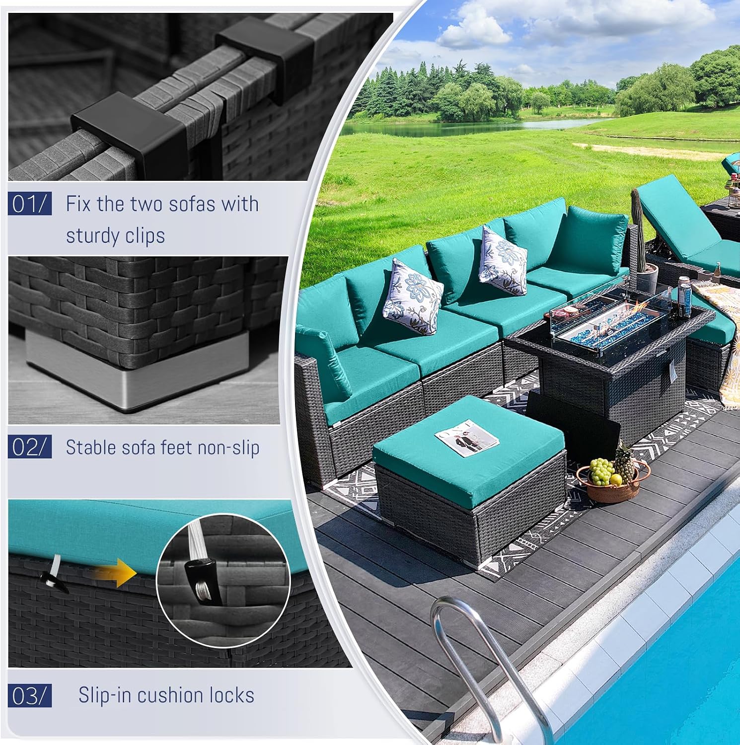 BULEXYARD 9 Pcs Highback Patio Furniture Set with Firepit, High-End Outdoor Sectional Couch with Ottoman 8-Seats, Cozy Comfy Wide Deep Deck Seating Group Conversation, Grey Rattan & Turquoise Cushion