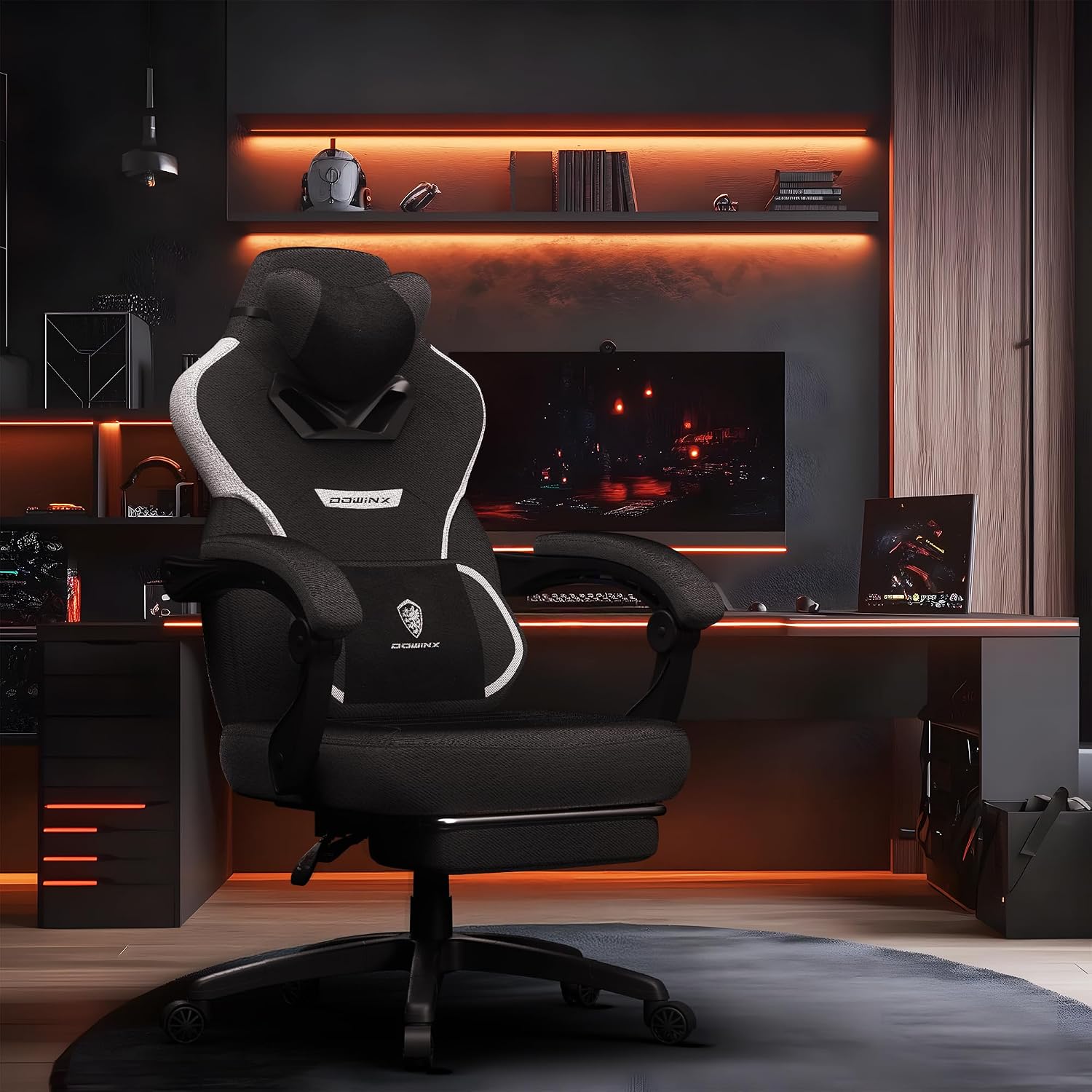 Dowinx Fabric Gaming Chair with Footrest,Big and Tall Game Chair for Heavy People, Gamer Chair with Massage Lumbar Support,Ergonomic Computer Gaming Chair for Adults, Fabric Black
