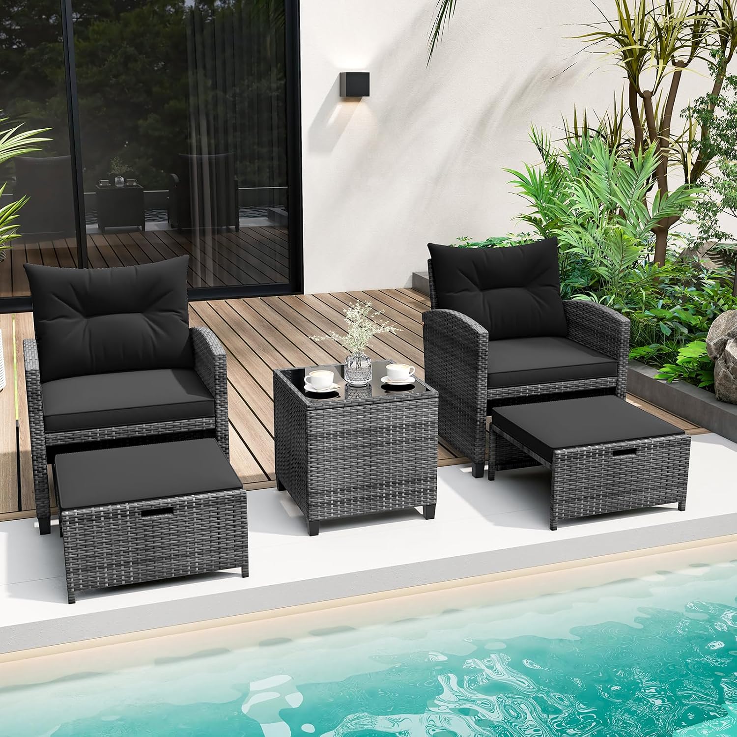 KOTEK 5 Pieces Patio Furniture Set with Ottomans, Wicker Patio Conversation Set with Coffee Table & Cushions, PE Rattan Outdoor Lounge Chairs for Backyard, Porch, Poolside (Mix Grey- Black)