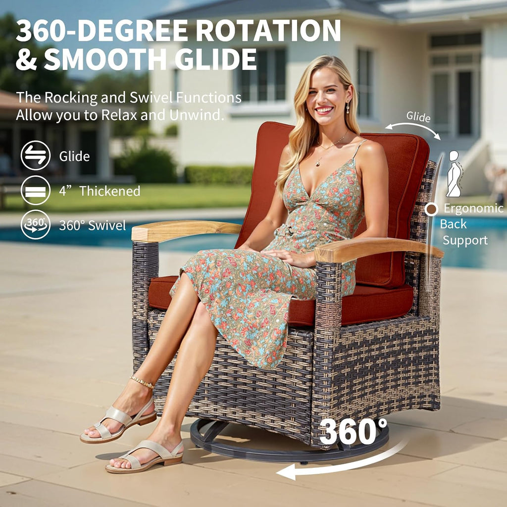 MEISSALIVVE 7 Pieces Outdoor Patio Furniture Sets, Wicker Patio Conversation Sets with 2 Wood Armrests Swivel Glide Chairs, Outdoor Couch for Deck Yard and Poolside (Red)