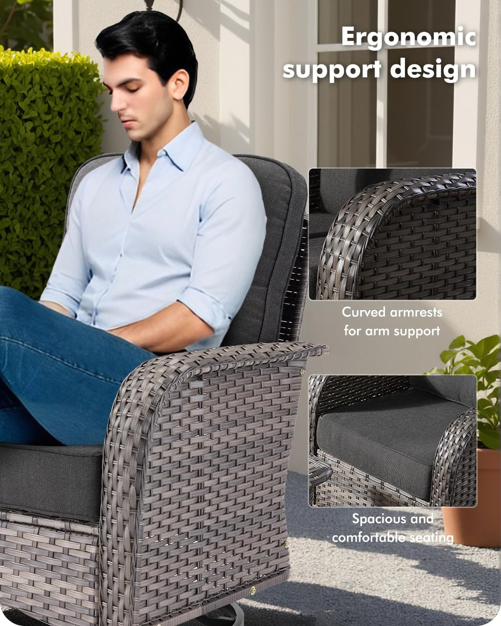 CAODOC 5 Pieces Patio Furniture Set,Outdoor Furniture with Rockers, Rattan Conversation Sets w/Coffee Table, Grey Wicker Black Cushion