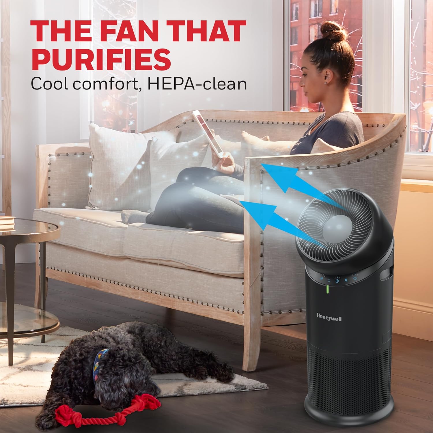 Honeywell Allergen Plus™ 3-in-1 HEPA Air Purifier, Fan & Air Circulator, 1928 Ft² Rooms in 1 hour, Air Quality Sensor, Sleep Mode, Reduces Allergens, Pet Dander, and Odors, Black, HPA6000B