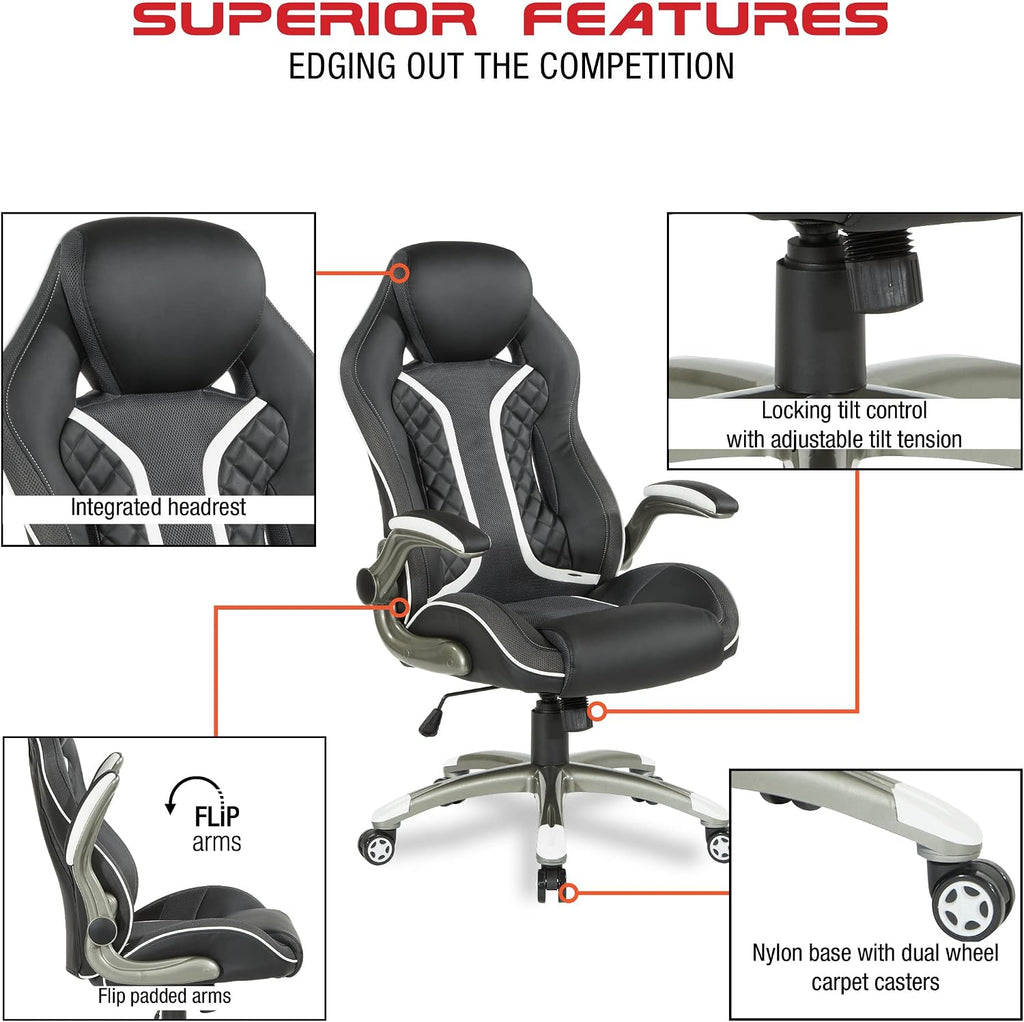 OSP Home Furnishings Xplorer 51 Ergonomic Adjustable High Back Gaming Chair with Lumbar Support and Padded Flip Arms, Black Faux Leather with White Trim