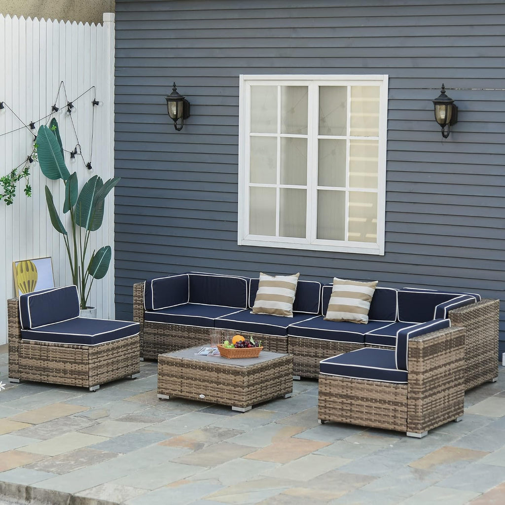 Outsunny 7 Piece Patio Furniture Set, Wicker Outdoor Sectional Sofa Set, All Weather PE Rattan Outdoor Furniture Conversation Sets with Cushions, Faux Wood Coffee Table, Striped Pillows, Blue