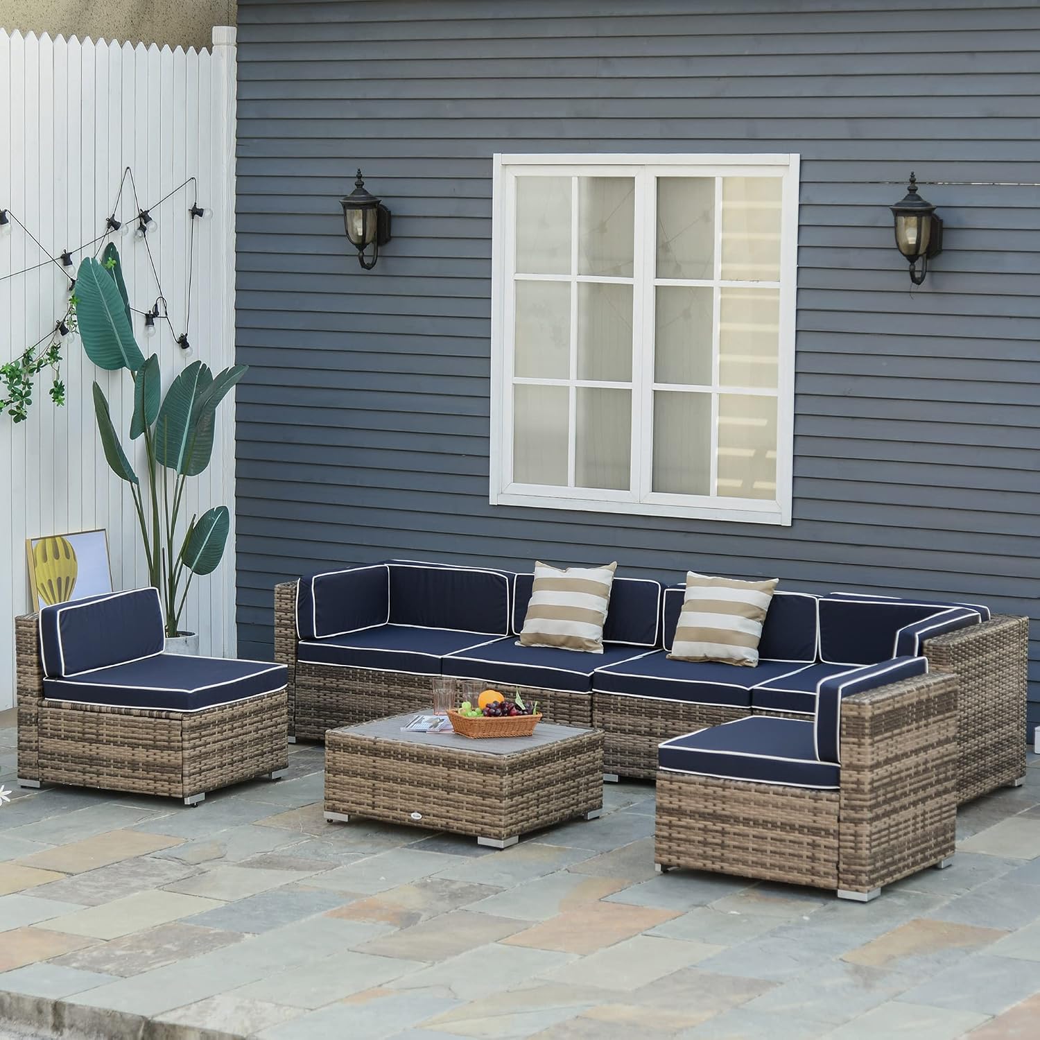 Outsunny 7 Piece Patio Furniture Set, Wicker Outdoor Sectional Sofa Set, All Weather PE Rattan Outdoor Furniture Conversation Sets with Cushions, Faux Wood Coffee Table, Striped Pillows, Blue