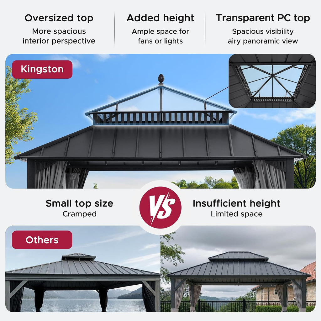 SUNJOY Kingston 12' x 12' Hardtop Gazebo with Galvanized Steel/Polycarbonate Double Roof, Curtain and Netting, Gray Aluminum Posts Permanent Pavilion Gazebo for Garden, Patio, Deck, Lawn