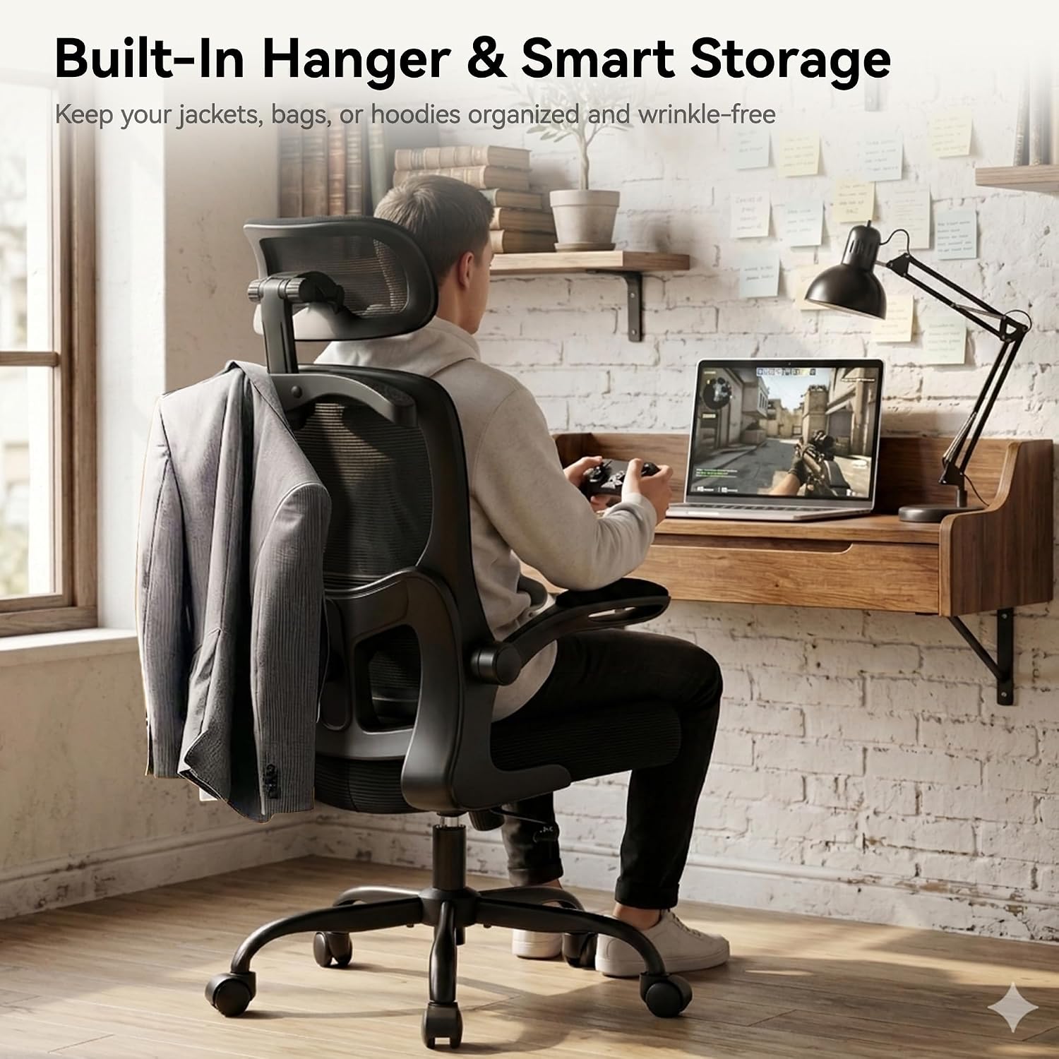 AreShark Office Chair-Ergonomic Desk Chair with Hidden Hanger & Flip-Up Arms, High Back Mesh Computer Chair with 2D Headrest & Adjustable Lumbar, Comfy Rolling Task Chair for Home Work Gaming, Black