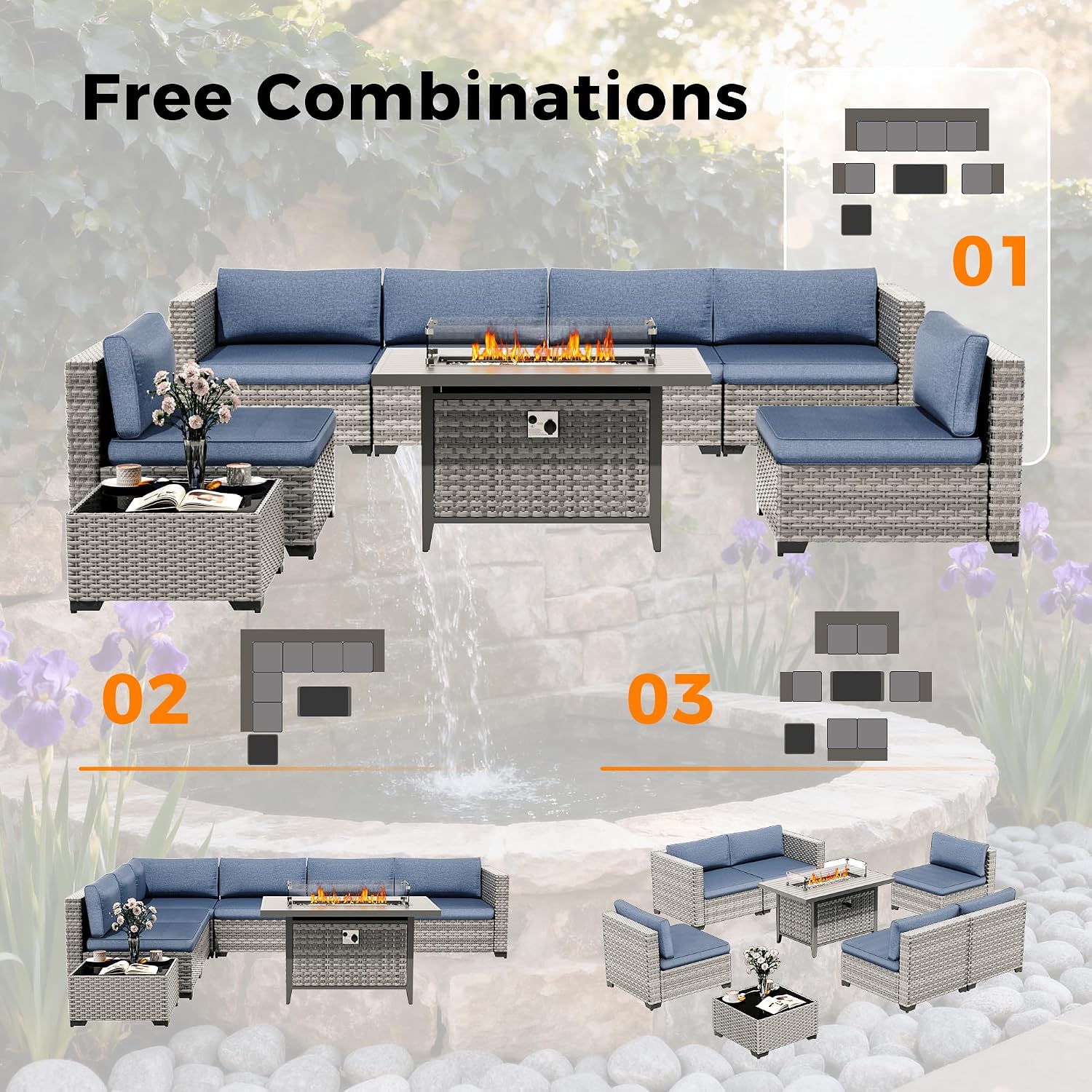6-Seat Modern Outdoor Wicker Rattan Patio Furniture Set with 55,000 BTU Fire Pit Table, Thick 4″ Cushions, All-Weather Dual-Strand Rattan, Rust-Resistant Steel Frame,Navy